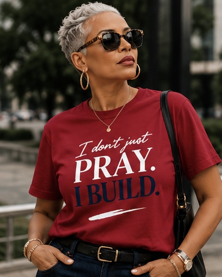 I Don’t Just Pray, I Build Women’s Christian Power Tee – Black, M